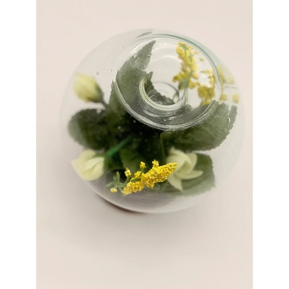 Vintage Glass Orb Candle Holder Encased Faux Yellow White Flowers Terrarium 3.5